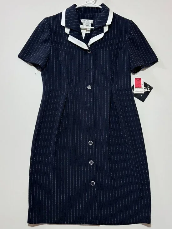 Vintage Miss Dorby Navy Pinstripe Button Collared Midi Dress Size 8P - Picture 1 of 6